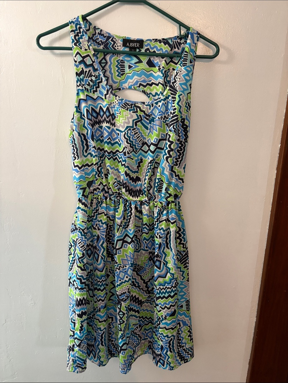 A. Byer Blue, Green & Black Zigzag Sleeveless Mini Dress Size Small